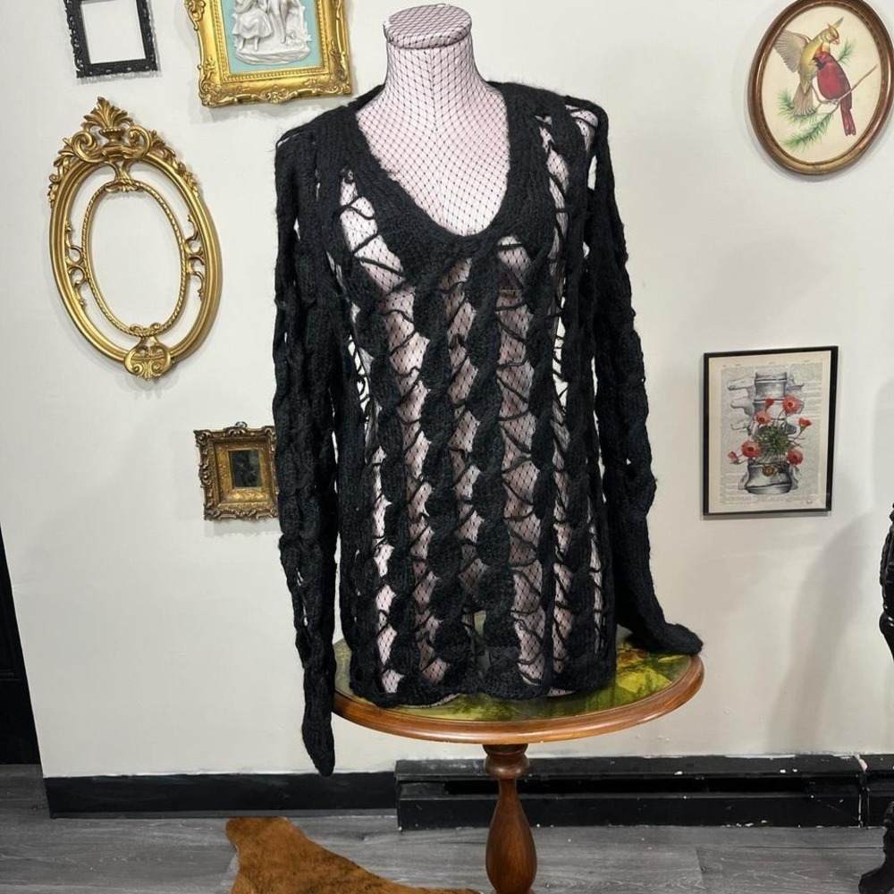 Vintage Y2K Cusco Knitwear Black Chunky Open-Weave Alpaca Sweater size L